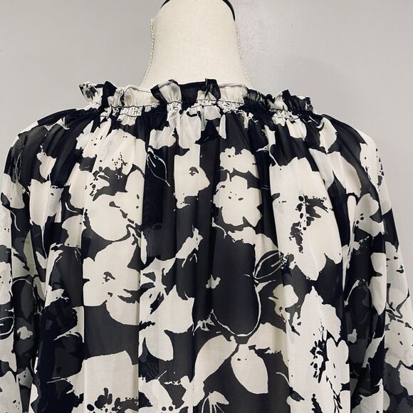 CHAPS 2X Women’s Navy White Floral Sheer Peasant Cottagecore Chic Beachy Blouse - Picture 7 of 15